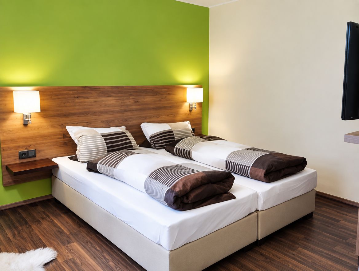Apartment in Würzburg: Schlafbereich mit zwei Einzelbetten und Wandleuchten