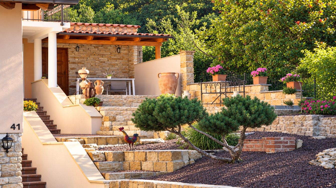 Terrasse mit Sandsteinmauer, Tonkrügen und Blumen vor dem Haus